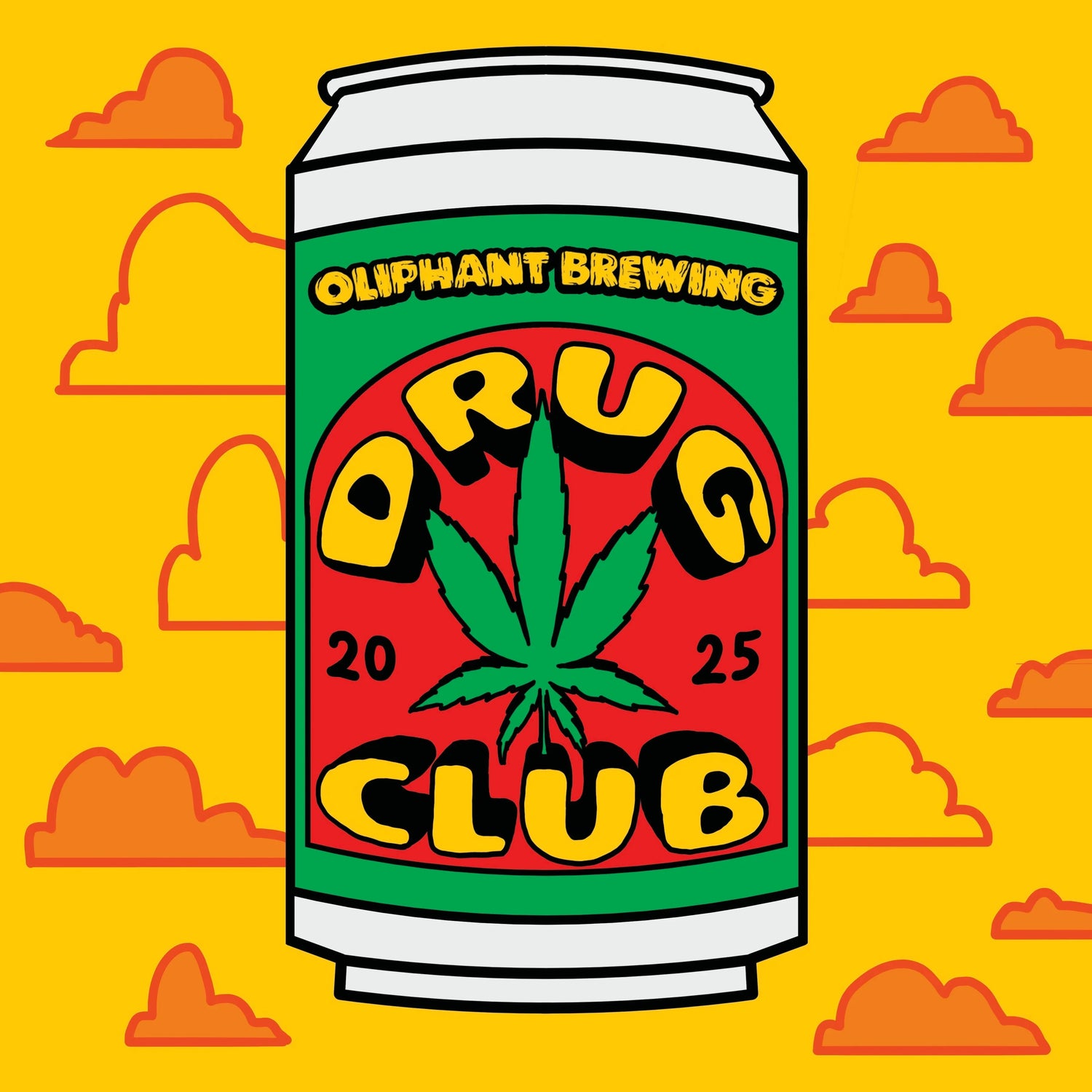 Colorful can illustration labeled 'Oliphant Brewing Drug Club 2025' with cannabis leaf, yellow cloud background.