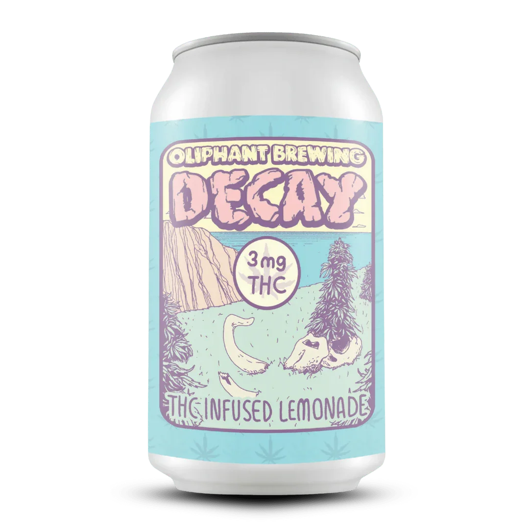 Oliphant Brewing Decay THC infused lemonade can with illustrated mountains and forest design