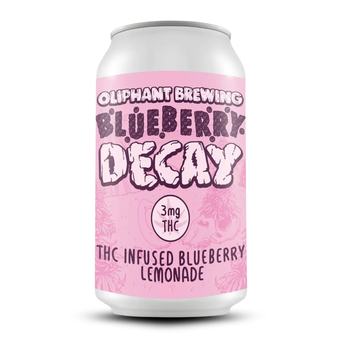 Oliphant Brewing Blueberry Decay THC infused blueberry lemonade can, pink label, 3mg THC