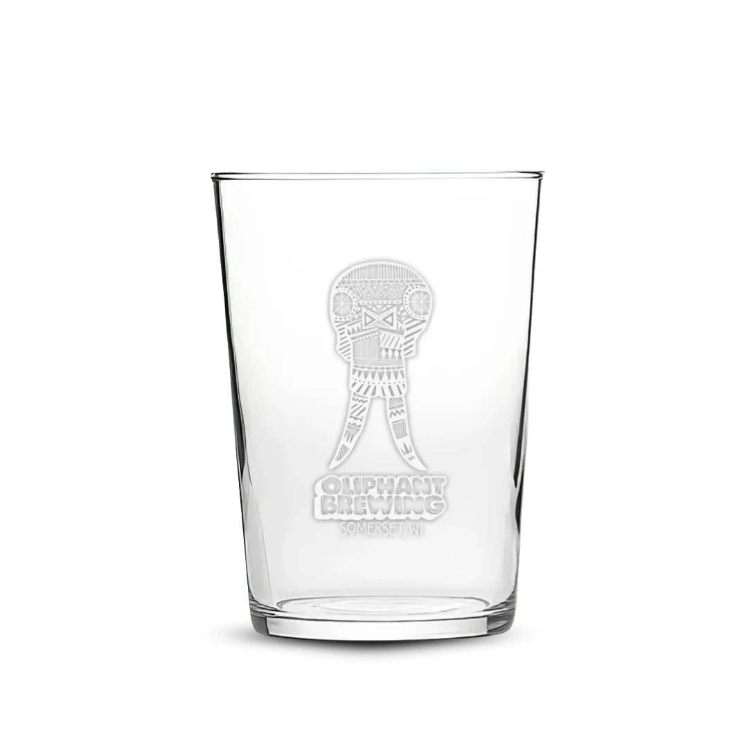 Oliphant Brewing pint glass with etched elephant logo and Somerset, WI text on clear glass