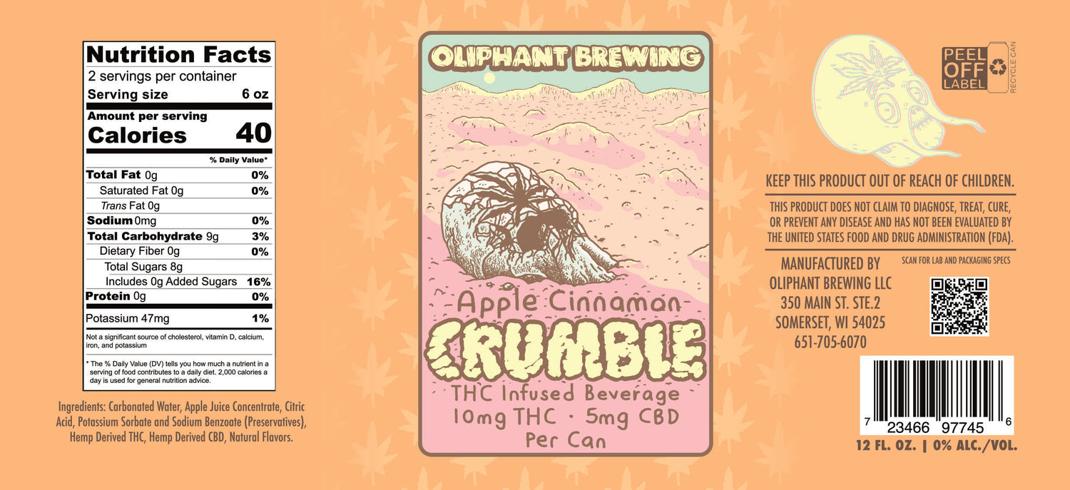 Oliphant Brewing Apple Cinnamon Crumble THC CBD infused beverage 12oz label, nutrition facts, cannabis leaf background, and can recycling info.