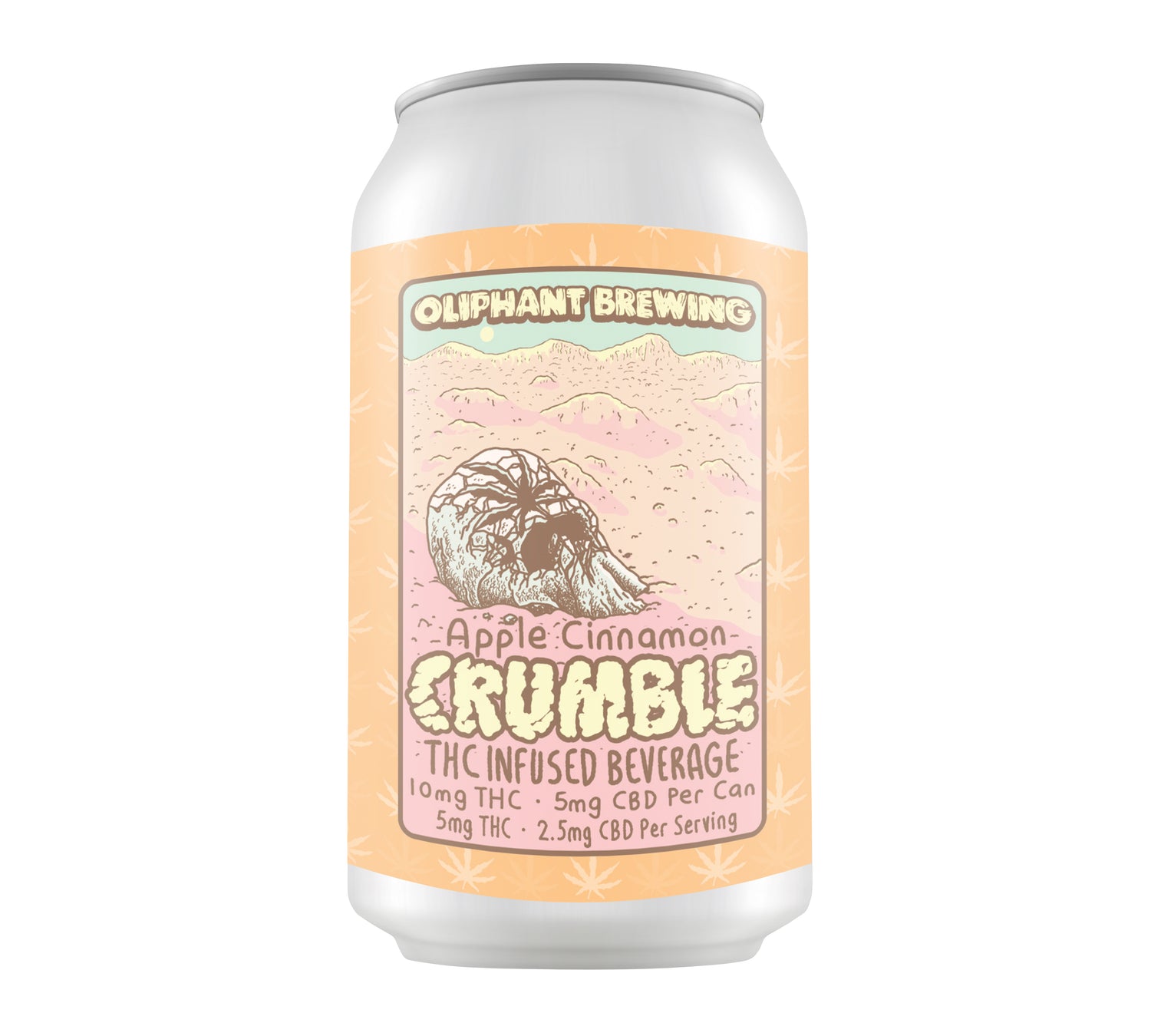 Oliphant Brewing Apple Cinnamon Crumble THC infused beverage can with desert mountain design.