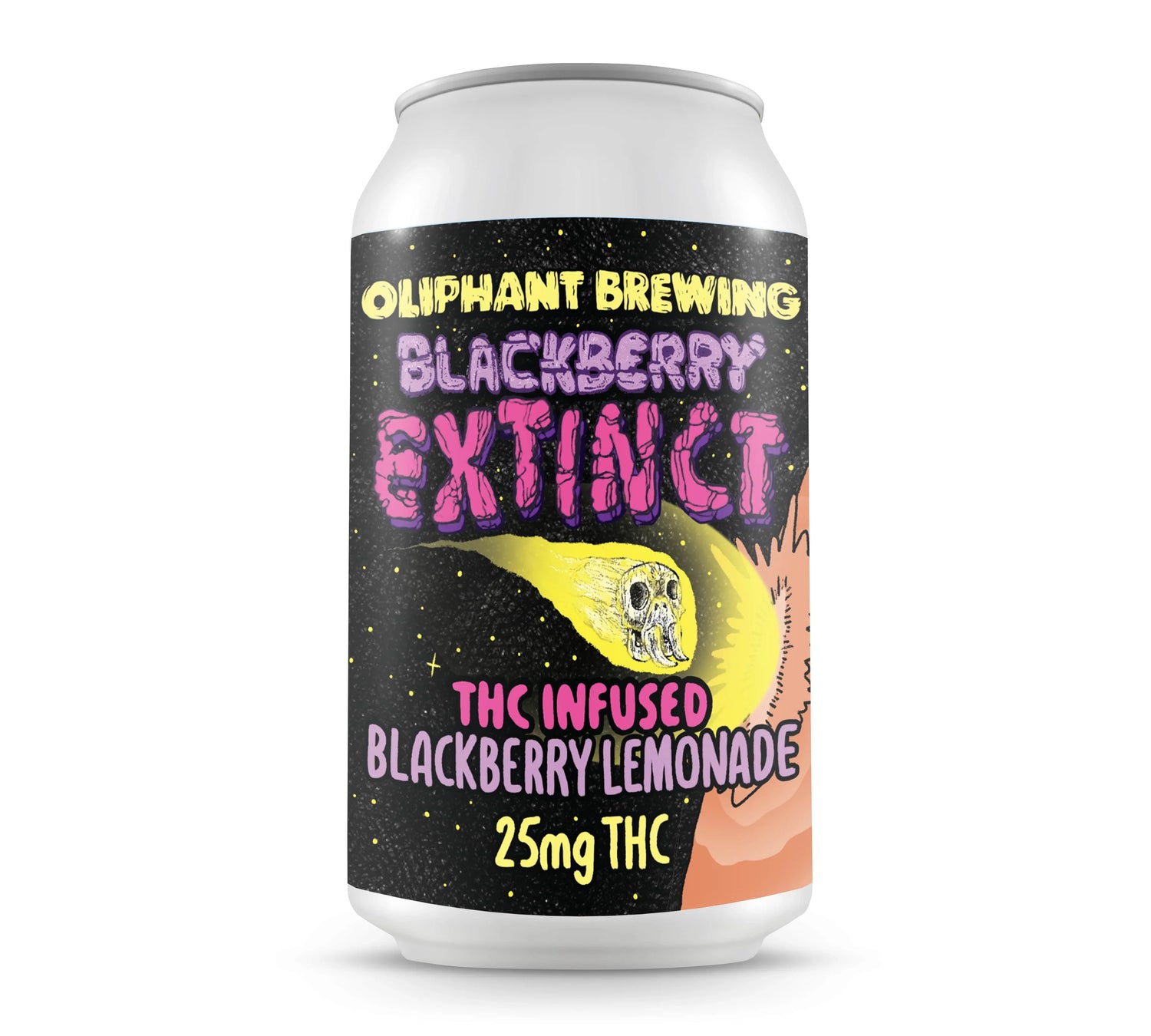 Oliphant Brewing Blackberry Extinct THC infused blackberry lemonade 25mg THC can with comet illustration