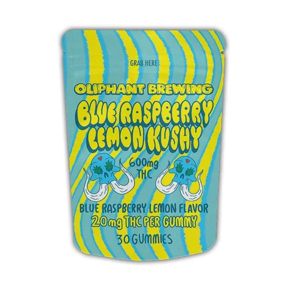 Oliphant Brewing Blue Raspberry Lemon Kushy THC gummies 30 pack vibrant blue yellow pouch