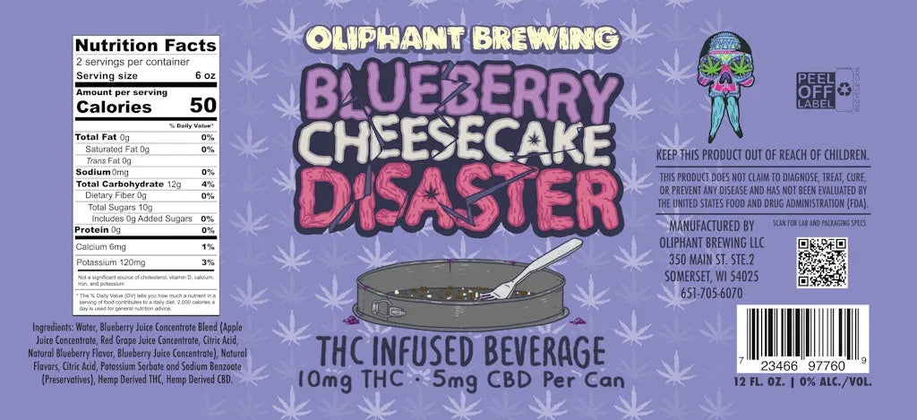 Oliphant Brewing Blueberry Cheesecake Disaster THC infused beverage can label with nutrition facts