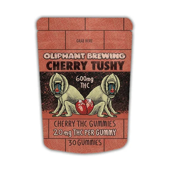 Oliphant Brewing Cherry Tushy THC gummies 30-pack with baboon art and 600mg THC label