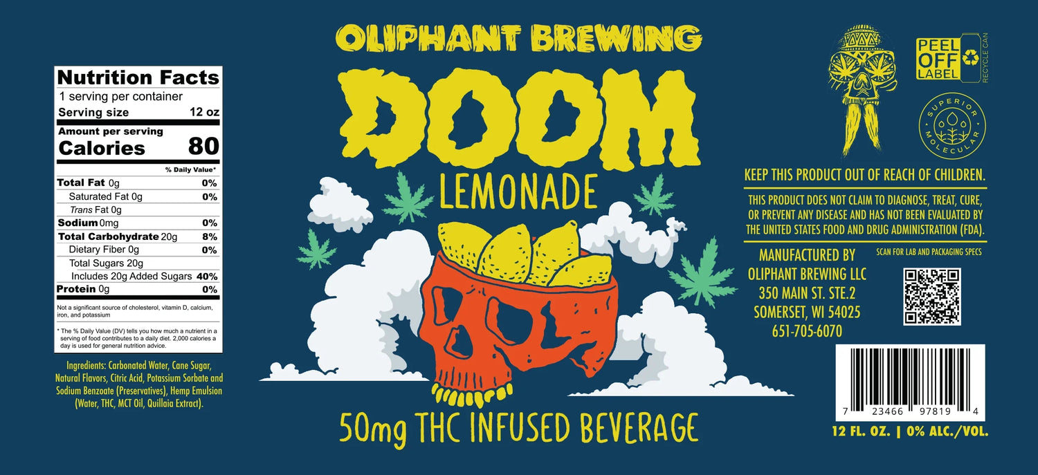 Doom Lemonade beverage label with red skull holding lemon slices, cannabis leaves, clouds, and nutrition facts.
