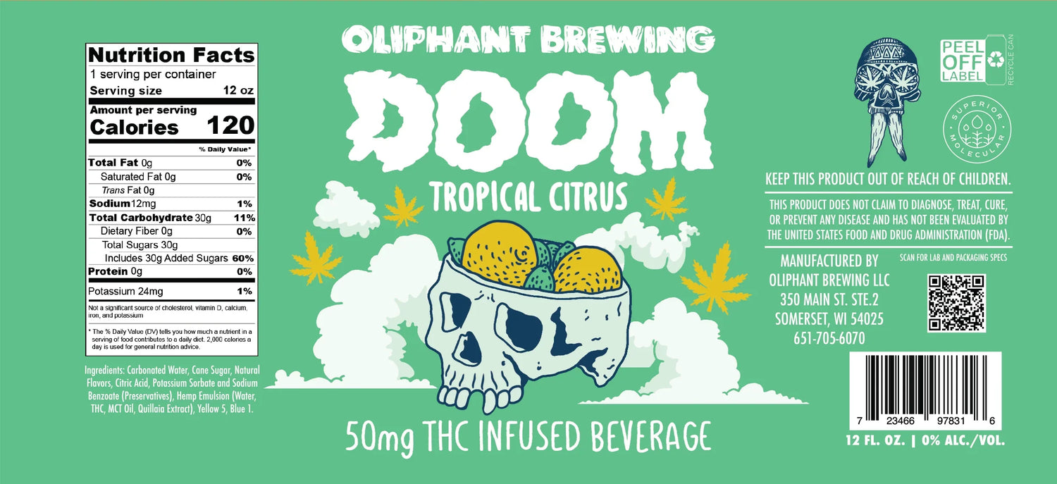Oliphant Brewing Doom Tropical Citrus 50mg THC infused beverage label with skull and citrus art