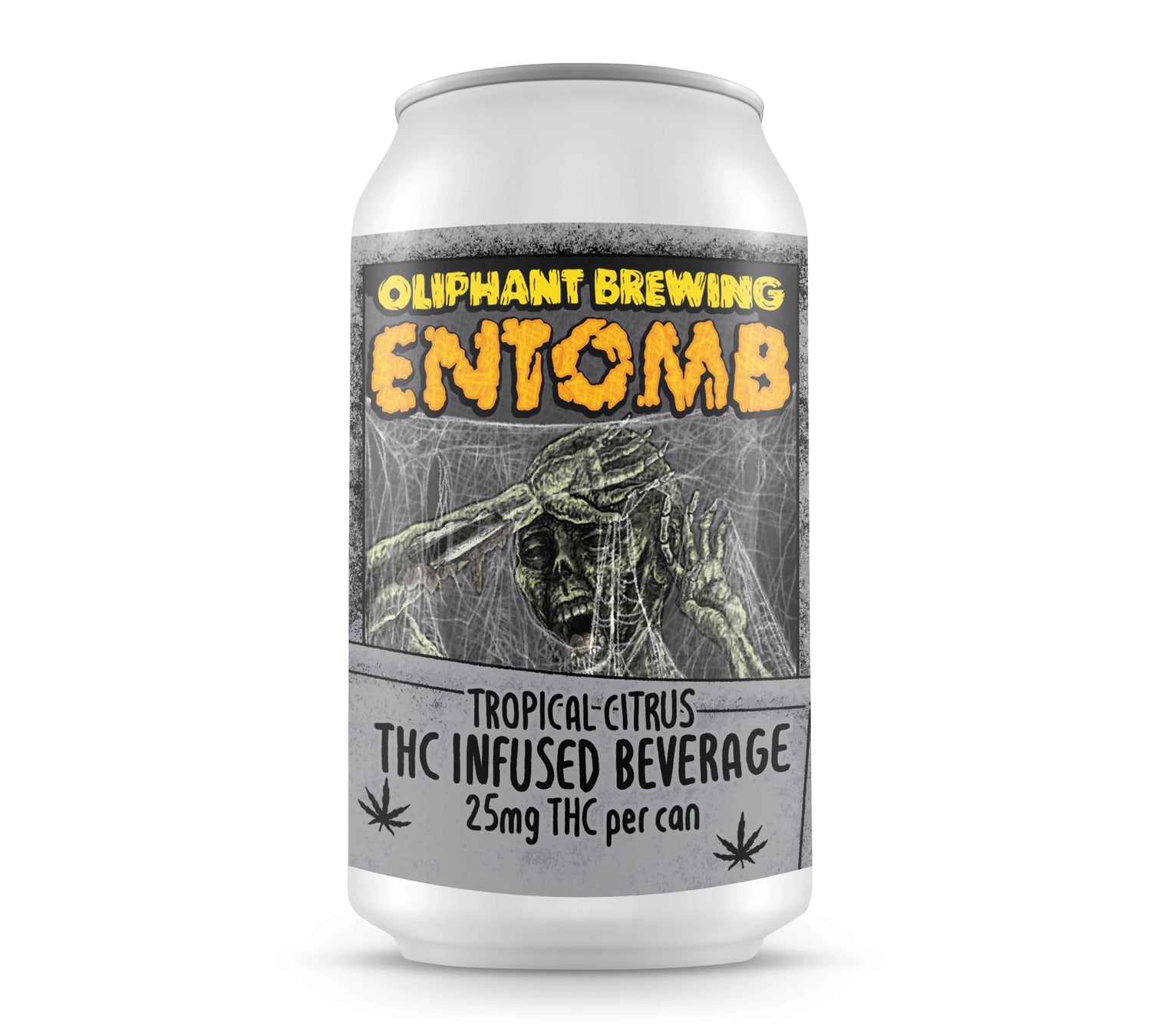 Oliphant Brewing Entomb THC infused beverage 12oz can with tropical citrus flavor, zombie artwork