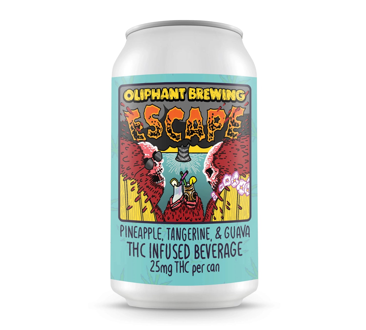 Oliphant Brewing Escape THC-infused beverage can with tropical art, pineapple, tangerine, guava flavor.