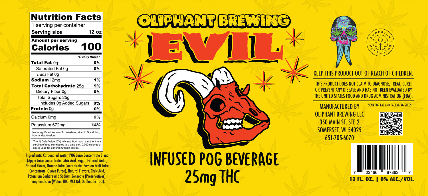 Oliphant Brewing Evil POG beverage 12oz can label, THC infused, with ram skull art on yellow background