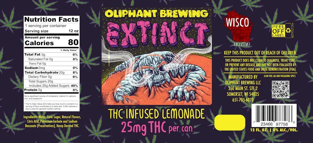 Oliphant Brewing Extinct THC infused lemonade 12oz label with colorful monster illustration