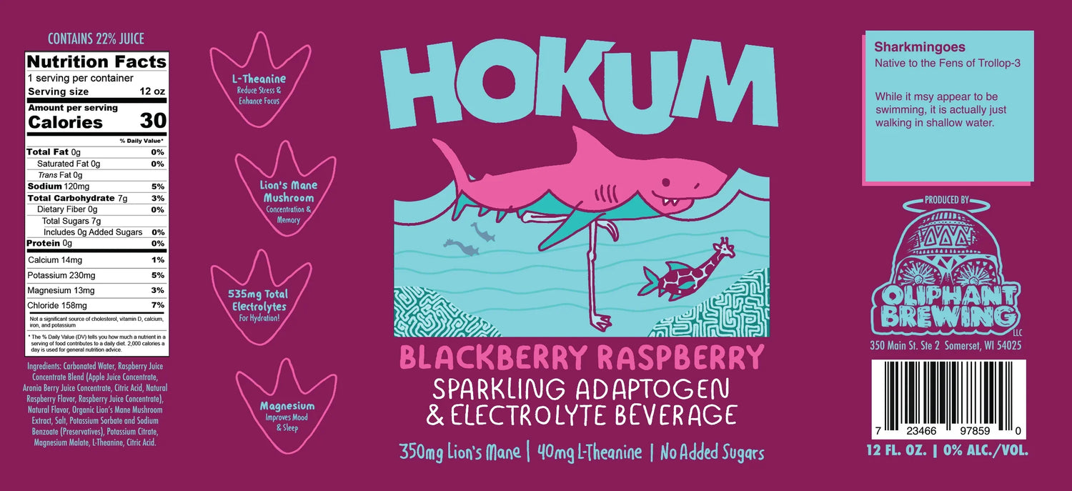 Hokum Blackberry Raspberry sparkling adaptogen electrolyte beverage can label with pink shark illustration and nutrition facts.