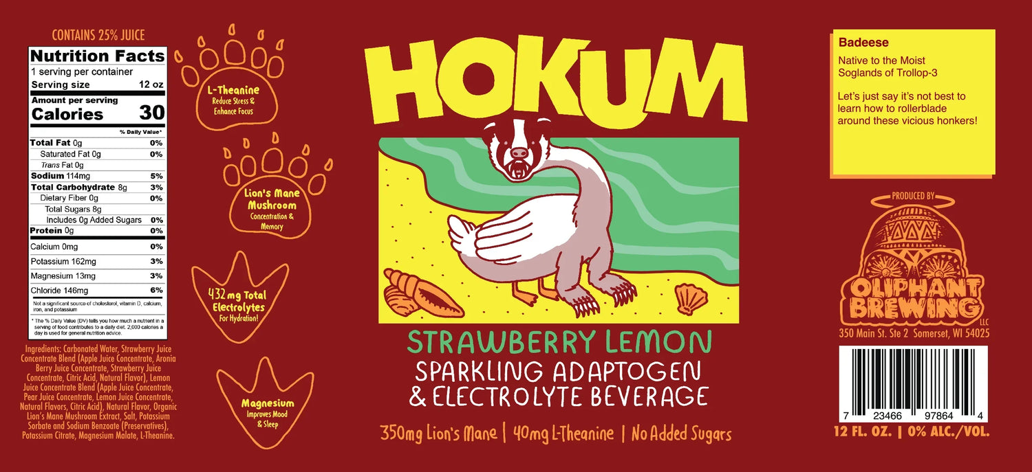 Hokum Strawberry Lemon sparkling adaptogen electrolyte beverage label with cartoon animal, nutrition facts, and Oliphant Brewing logo.