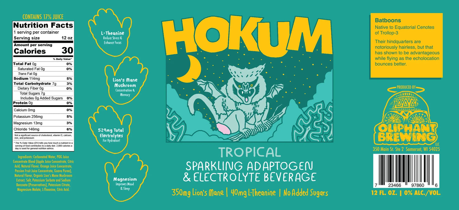 Hokum Tropical sparkling adaptogen electrolyte beverage can label with cartoon bat, nutrition facts, Oliphant Brewing branding, and supplement highlights.