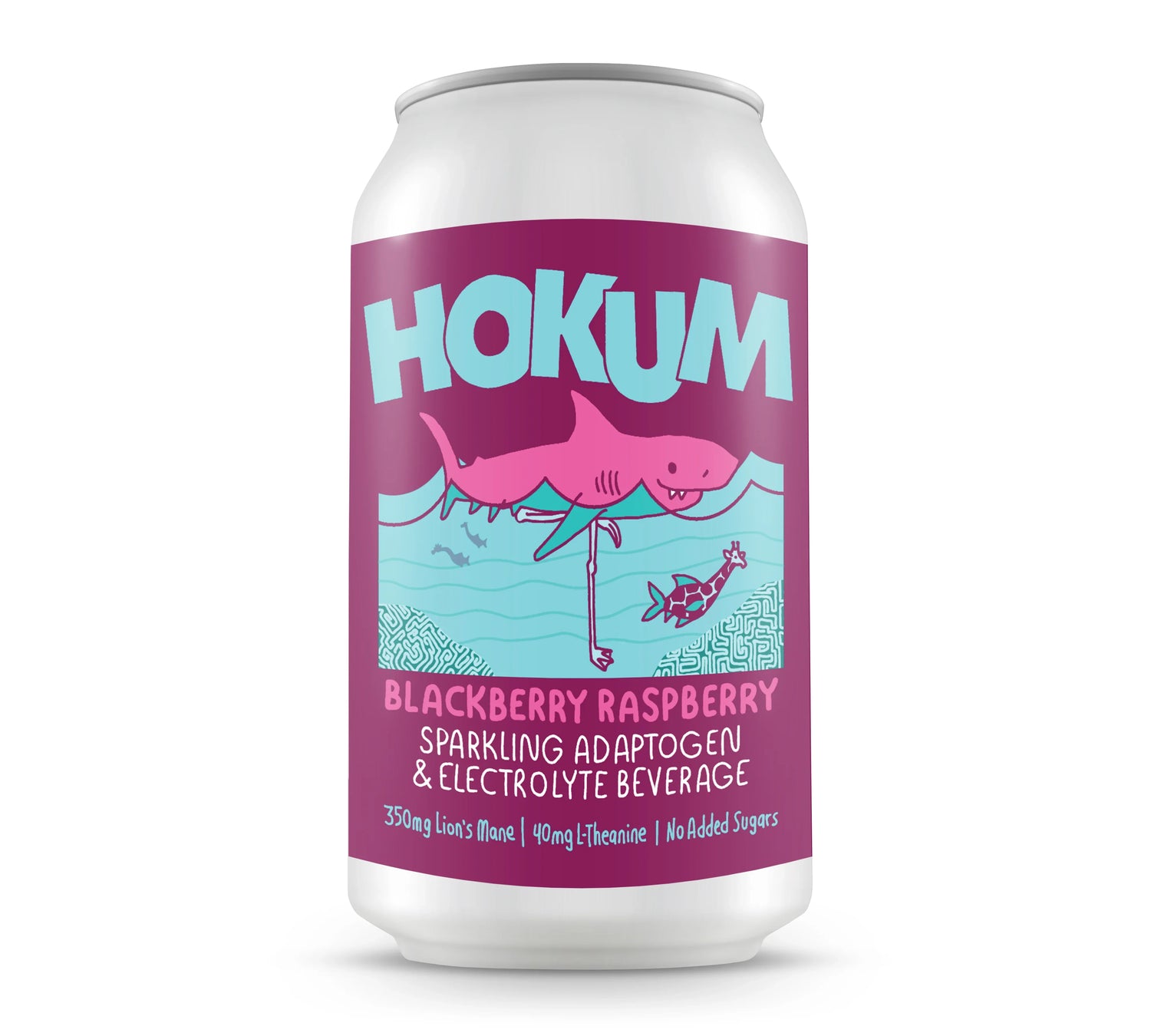 Hokum Blackberry Raspberry sparkling adaptogen and electrolyte beverage can with pink shark design