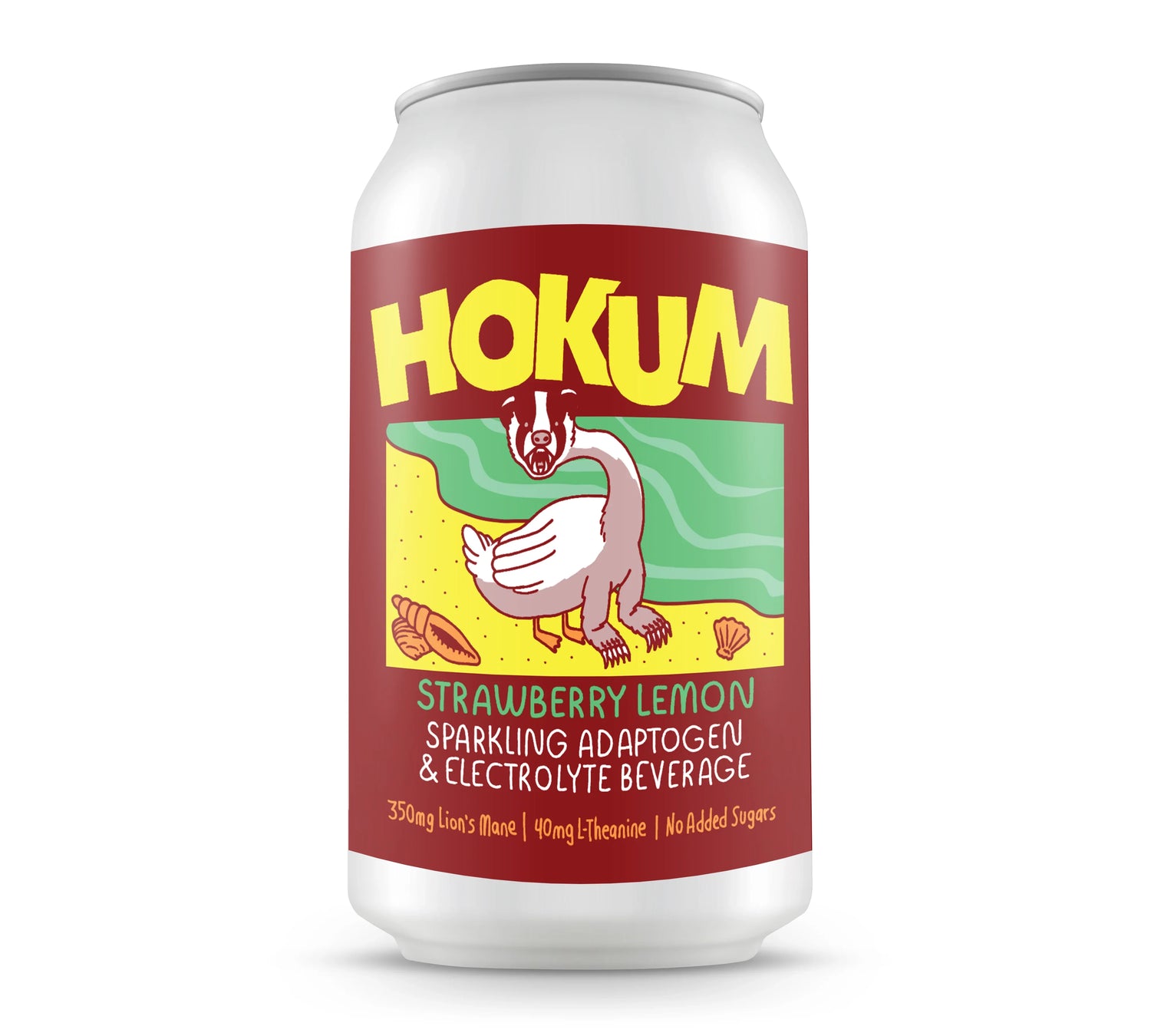 Hokum Strawberry Lemon sparkling adaptogen electrolyte beverage can with illustrated goose on beach.