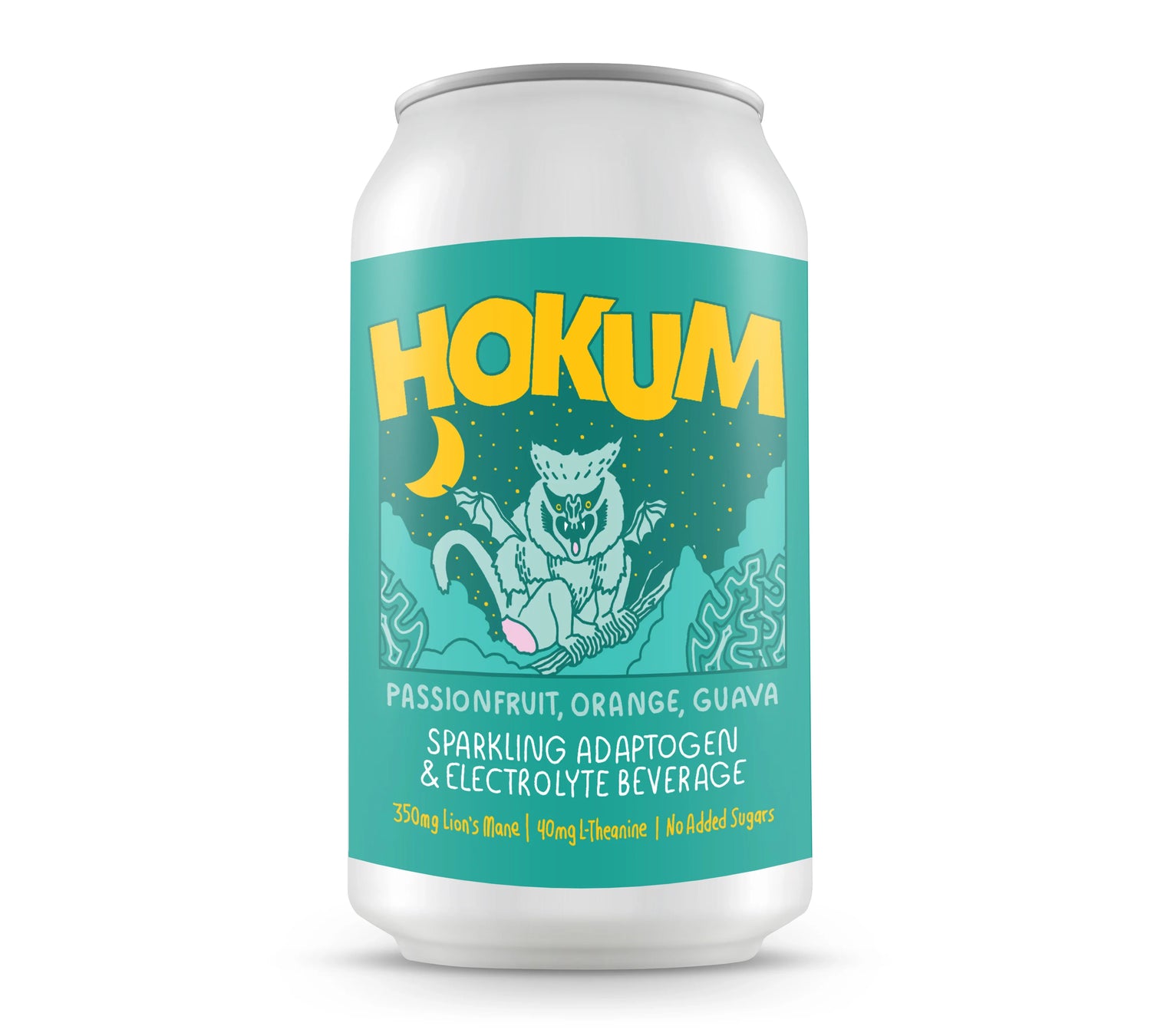 HOKUM tropical sparkling adaptogen electrolyte beverage can with lion illustration