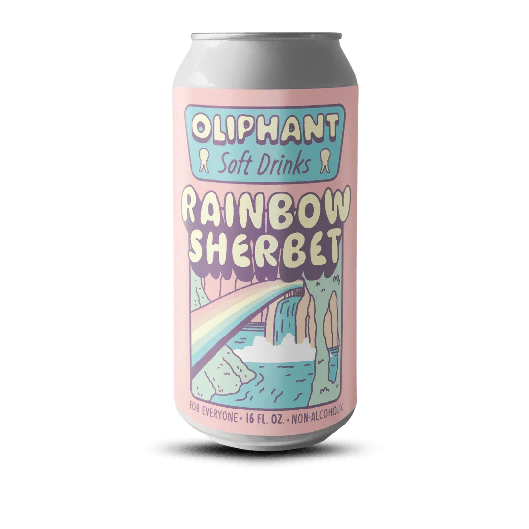 Oliphant Soft Drinks Rainbow Sherbet can with pastel rainbow, waterfall, and playful font