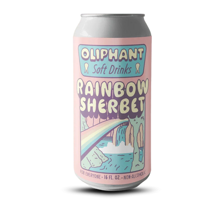 Oliphant Soft Drinks Rainbow Sherbet can with pastel rainbow, waterfall, and playful font