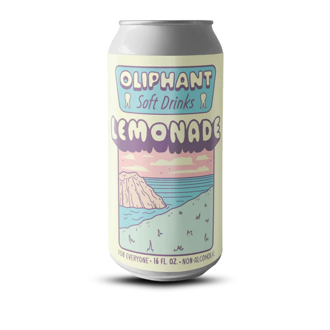 Oliphant Soft Drinks Lemonade can with pastel illustrated seaside landscape