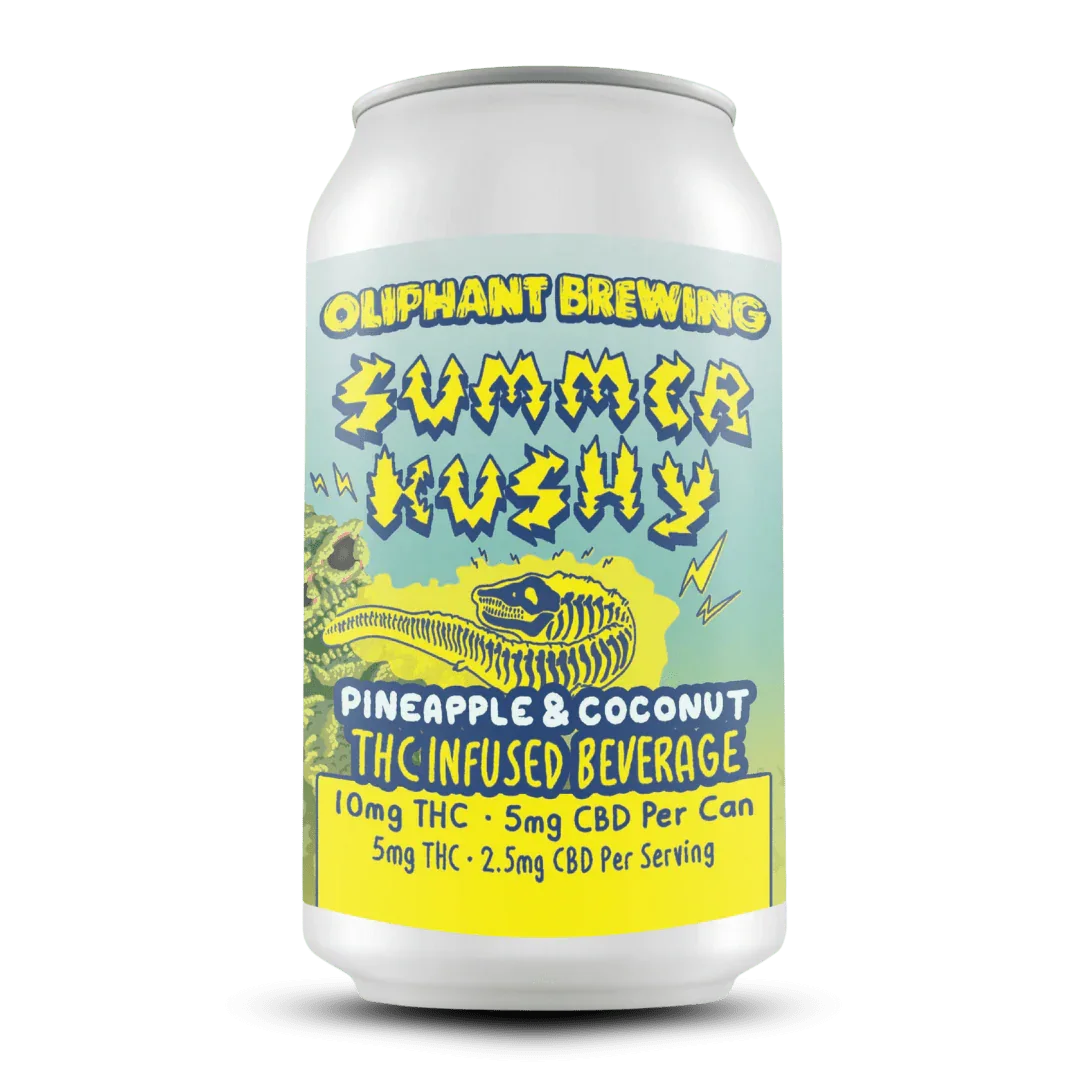 Oliphant Brewing Summer Kushy THC infused beverage can, pineapple coconut flavor, stylized label