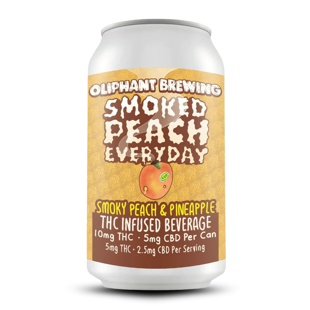 Oliphant Brewing Smoked Peach Everyday THC infused beverage can, smoky peach and pineapple flavor