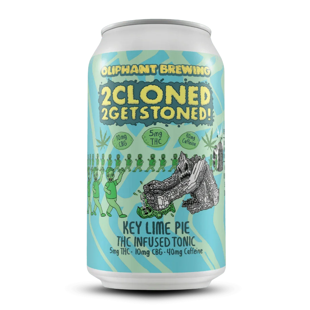 Oliphant Brewing 2Cloned 2GetStoned Key Lime Pie THC infused tonic can with colorful graphics