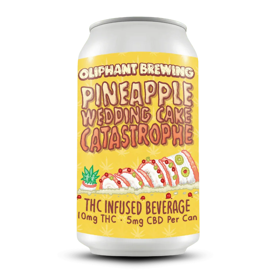 Oliphant Brewing Pineapple Wedding Cake Catastrophe THC infused beverage can with cake graphic