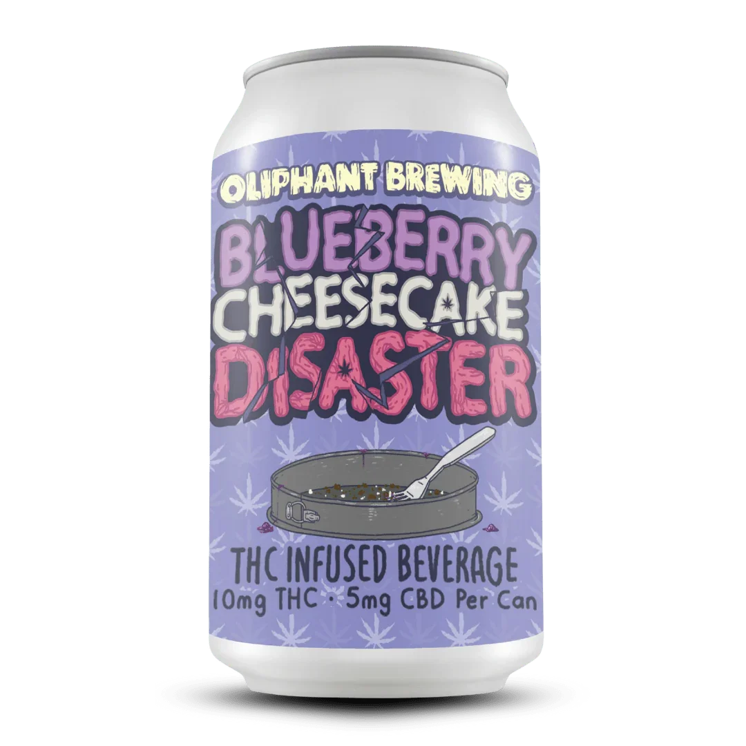 Oliphant Brewing Blueberry Cheesecake Disaster THC infused beverage can with purple graphics