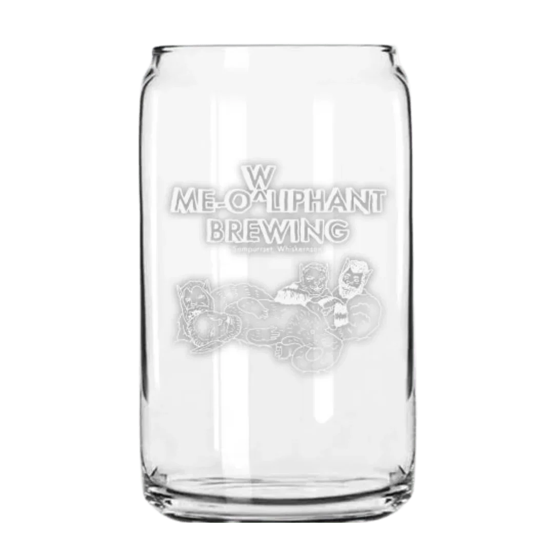 Oliphant Brewing clear beer glass with logo and illustrated characters on front