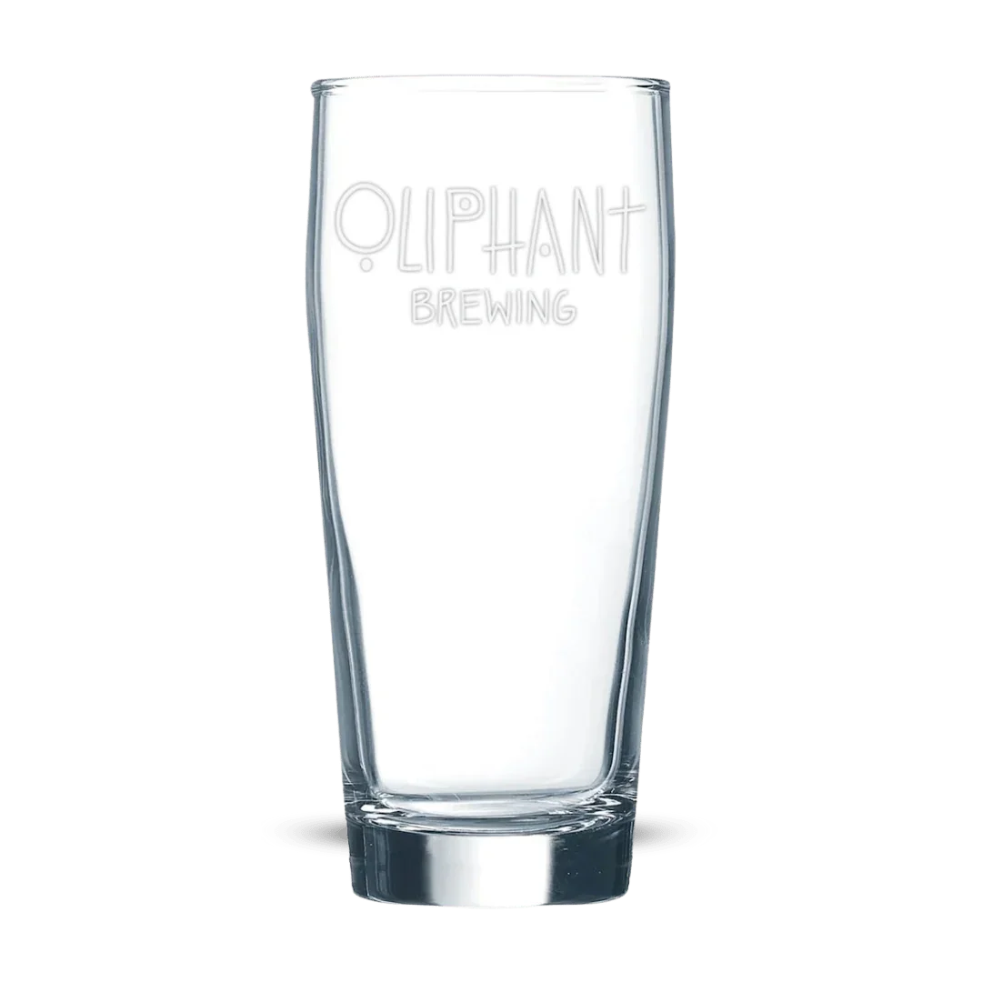 Clear pint glass with Oliphant Brewing logo, isolated on transparent background