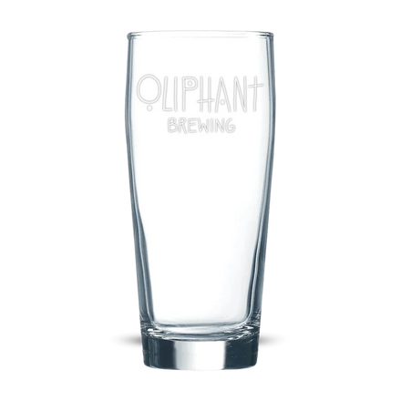 Clear pint glass with Oliphant Brewing logo, isolated on transparent background