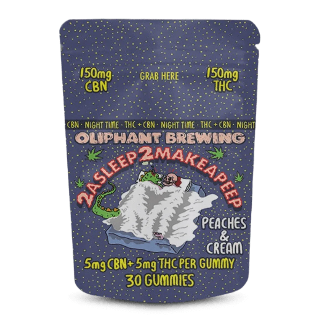 Oliphant Brewing cannabis gummies package, 2ASLEEP2MAKEAPEEP, peaches & cream, 150mg CBN, 150mg THC.