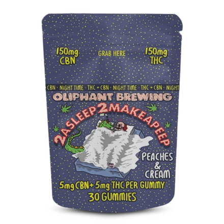 Oliphant Brewing cannabis gummies package, 2ASLEEP2MAKEAPEEP, peaches & cream, 150mg CBN, 150mg THC.