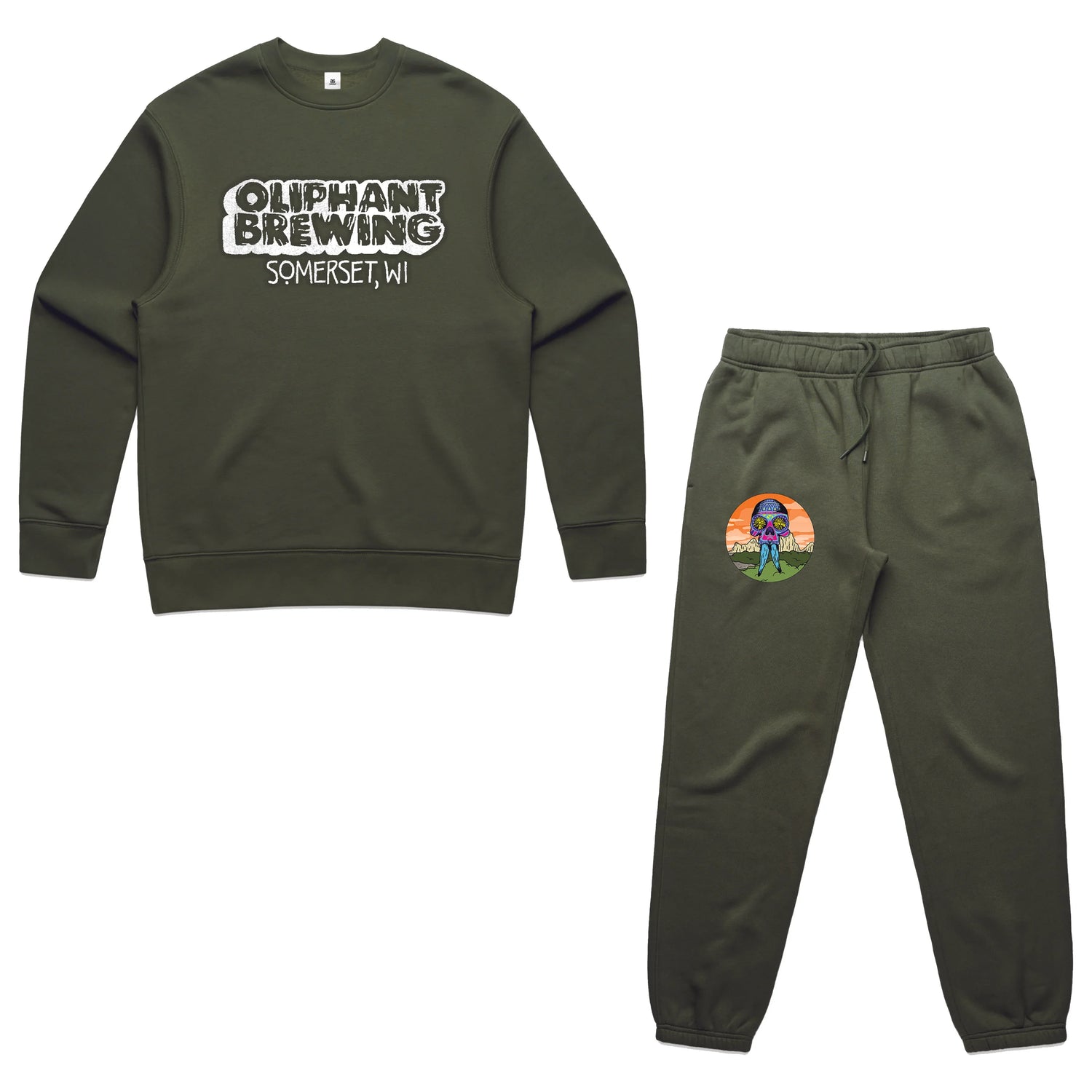 Olive green Oliphant Brewing Somerset WI sweatshirt and sweatpants set with graphic logo