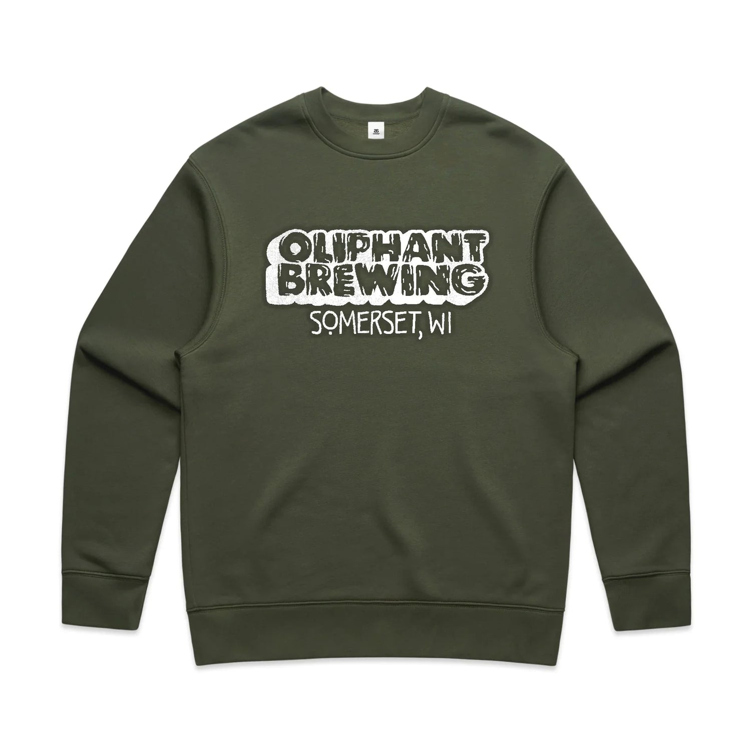 Olive green crewneck sweatshirt with Oliphant Brewing Somerset WI logo on front