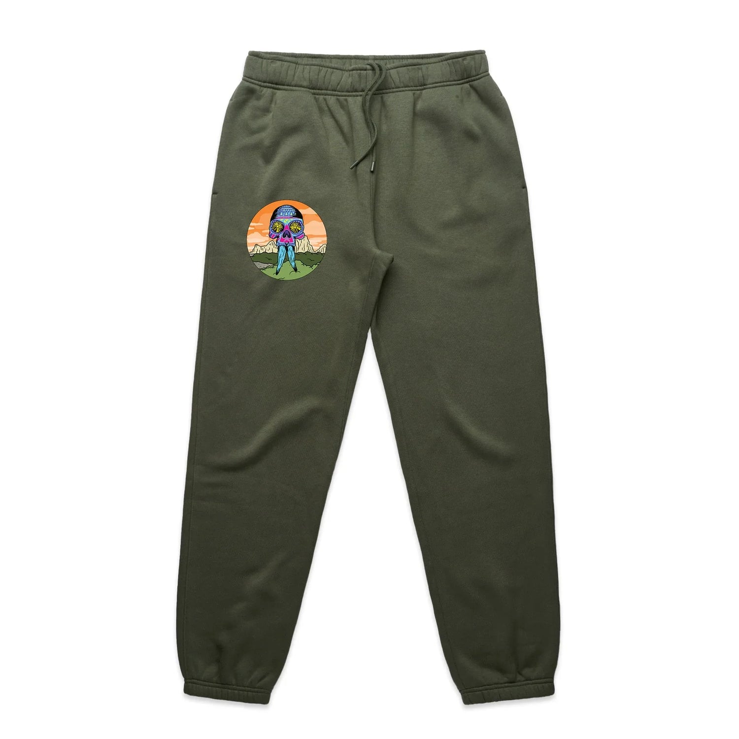 Olive green sweatpants with colorful graphic skull and mountain scene on left leg