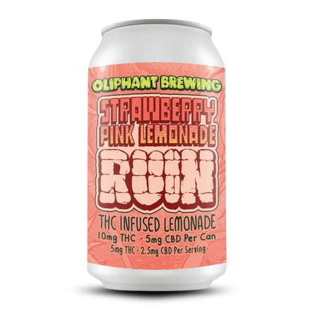 Oliphant Brewing Strawberry Pink Lemonade Ruin THC infused lemonade can with bold label design
