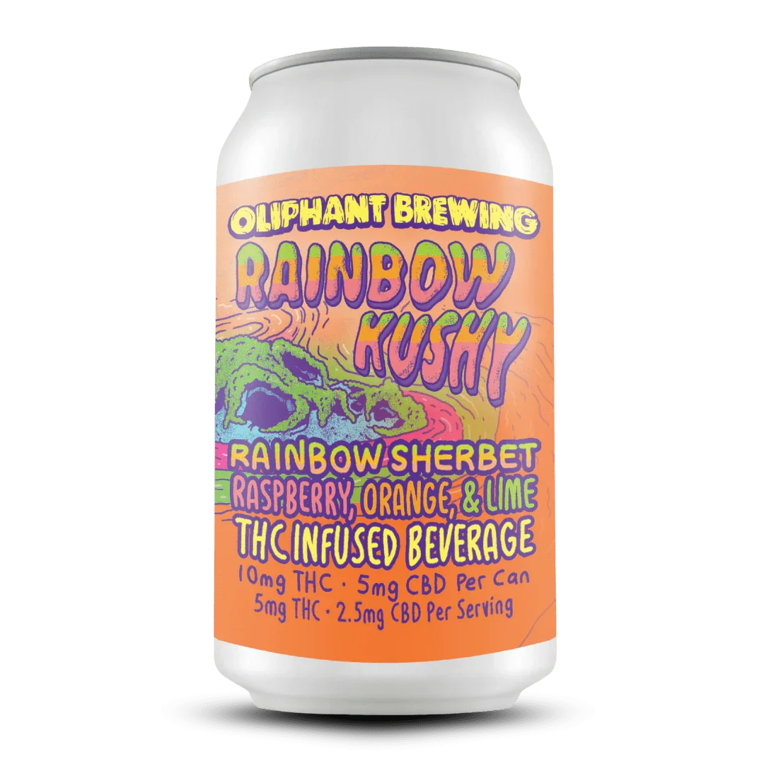 Oliphant Brewing Rainbow Kushy can, THC-infused beverage, rainbow sherbet flavor, colorful label