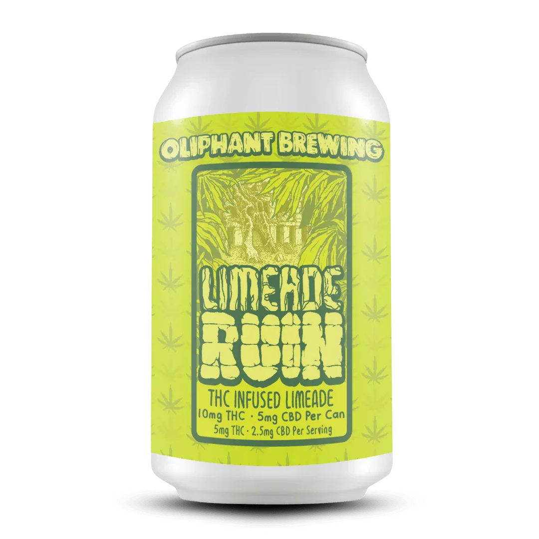 Oliphant Brewing Limeade Ruin THC infused limeade can with yellow label and cannabis leaf pattern