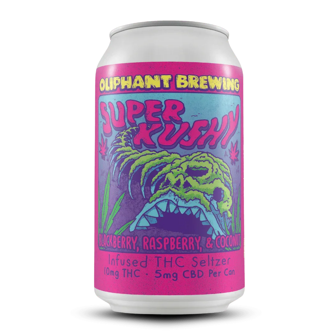 Oliphant Brewing Super Kushy THC seltzer can with colorful monster art and berry flavors