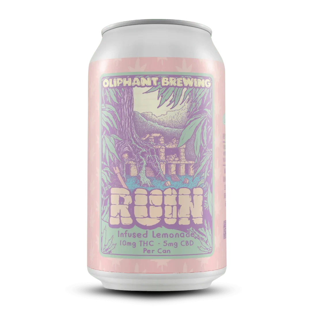 Oliphant Brewing Ruin infused lemonade can with illustrated ruins, 10mg THC, 5mg CBD label