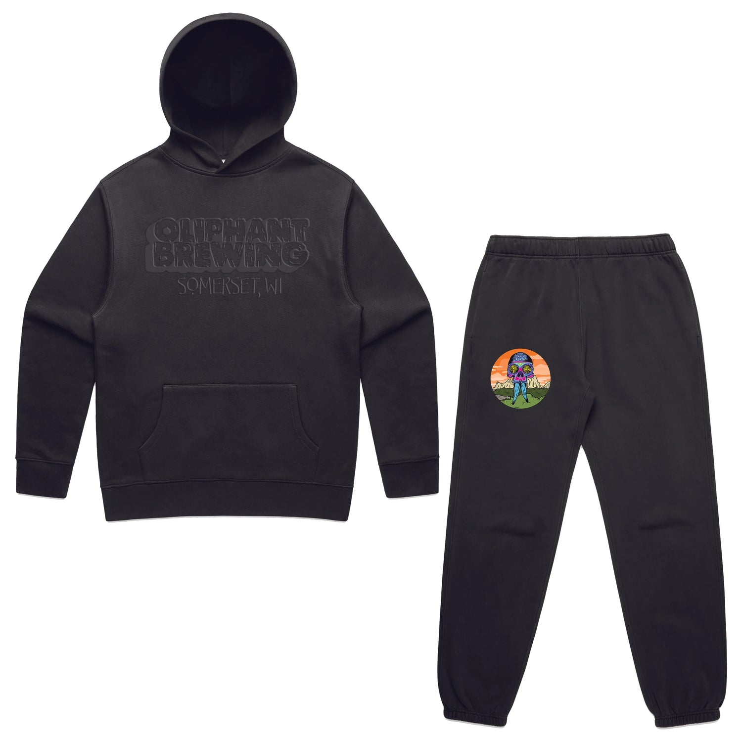Black Oliphant Brewing Somerset WI tracksuit set with logo hoodie and pants featuring colorful alien graphic.
