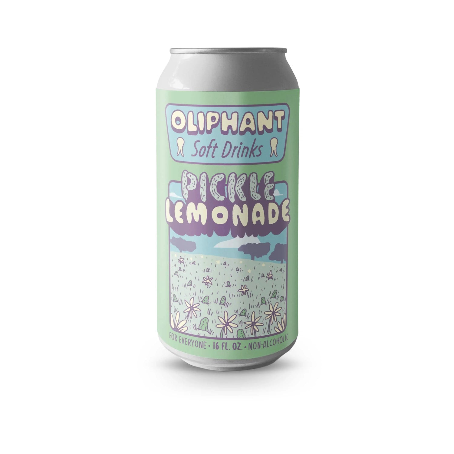 Oliphant Soft Drinks Pickle Lemonade 16oz can with pastel design and floral illustration