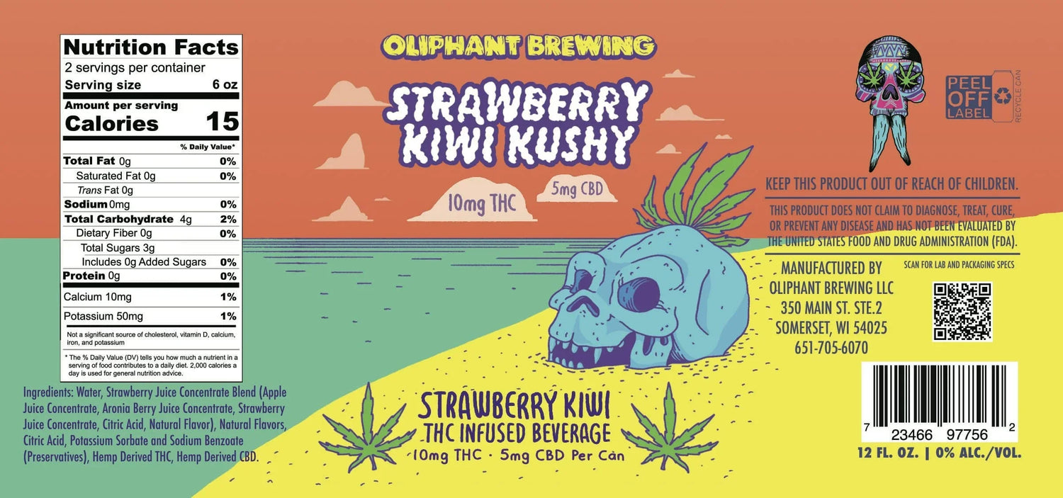 Strawberry Kiwi Kushy THC drink label with blue skull, cannabis leaves, beach sunset, Oliphant Brewing branding.