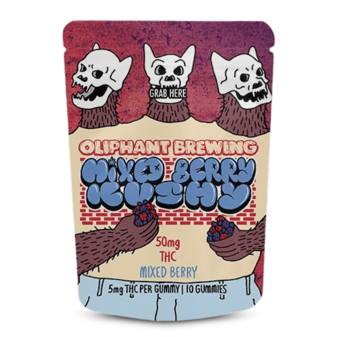 Oliphant Brewing Mixed Berry Kushy THC gummies pouch with cartoon bears and skulls