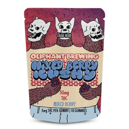 Oliphant Brewing Mixed Berry Kushy THC gummies pouch with cartoon bears and skulls