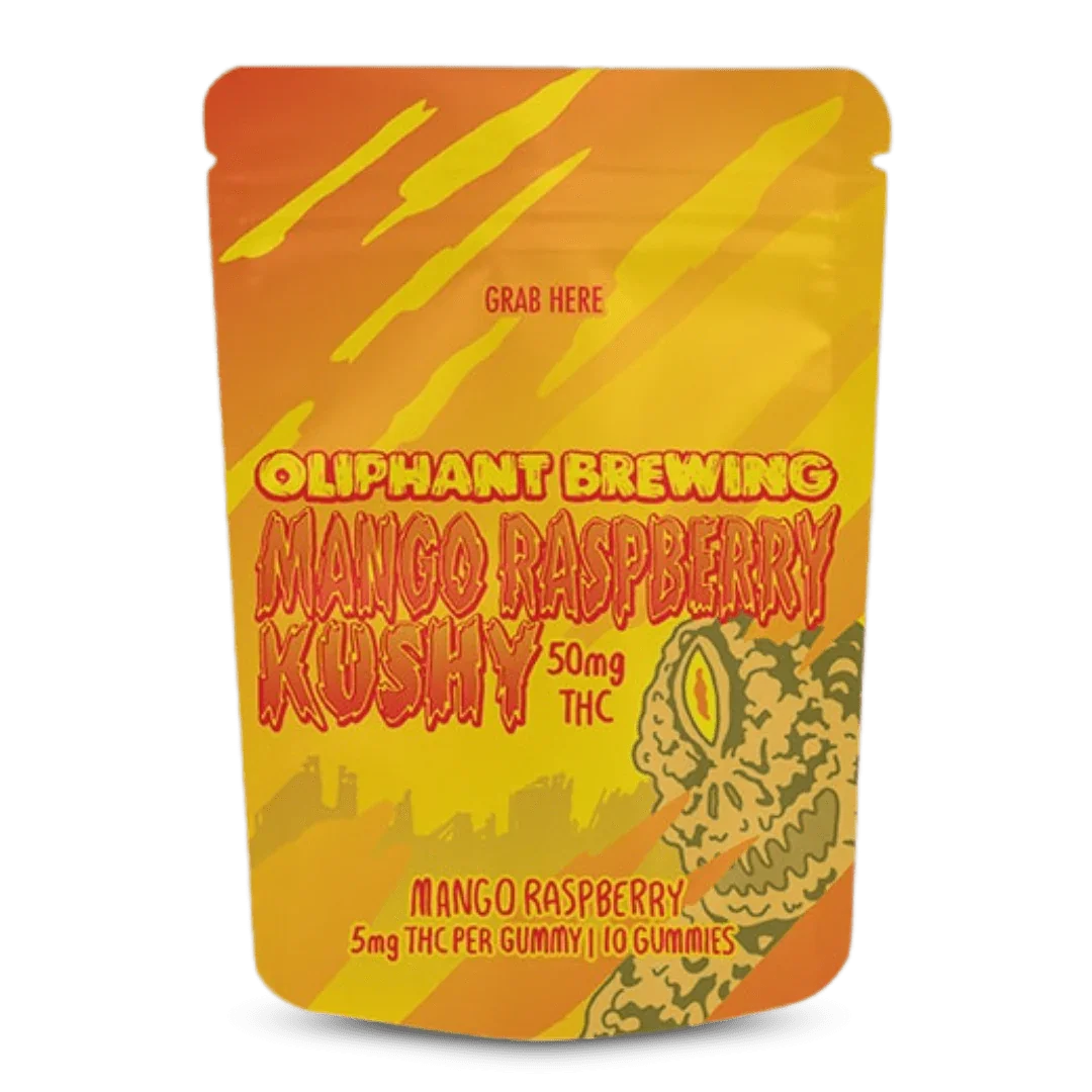 Oliphant Brewing Mango Raspberry Kushy THC gummies pouch with bold yellow and orange design.
