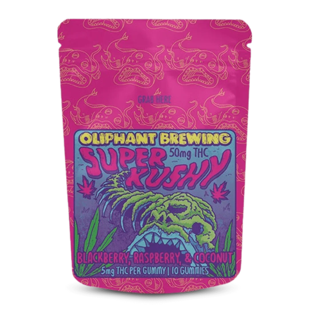 Oliphant Brewing Super Kushy THC gummies bag, bright pink with skull design, fruit flavors